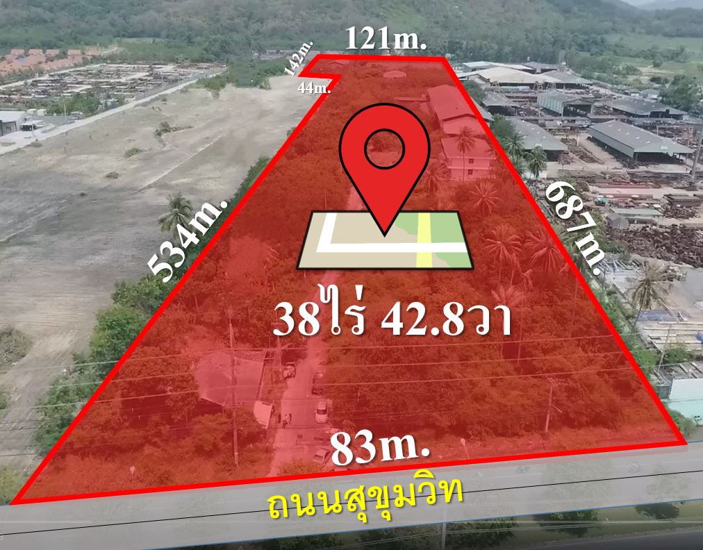 (EEC) ที่ดิน ติดถนนสุขุมวิท บ้านฉาง ระยอง -- ใกล้สนามบินนานาชาติอู่ตะเภา